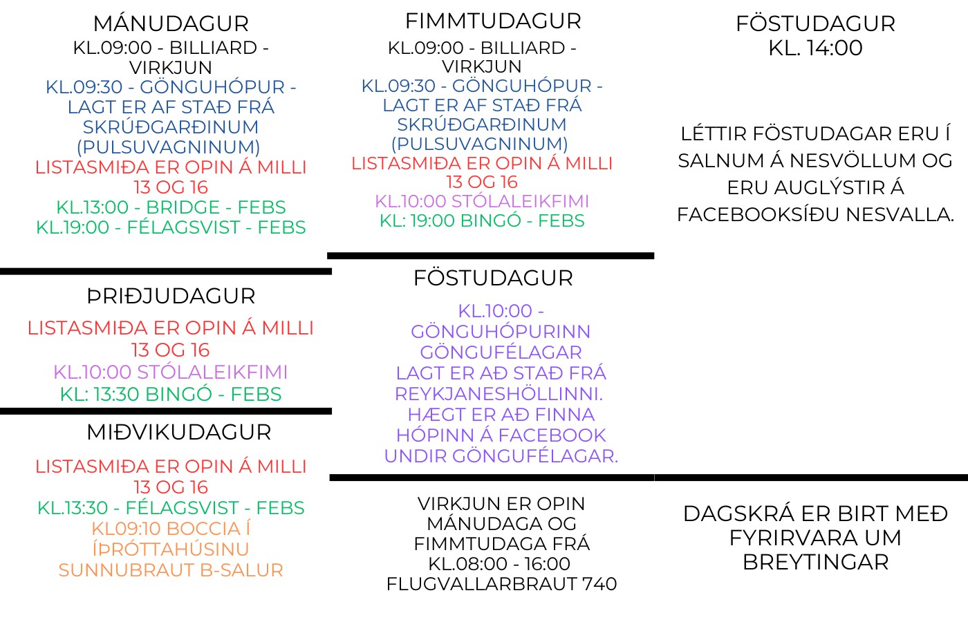 Dagskrá félagsstarfs aldraðra sumarið 2026